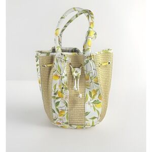 NWOT Valentina Raffia Lemon Print Leather Trim Bucket Bag Crossbody Italy